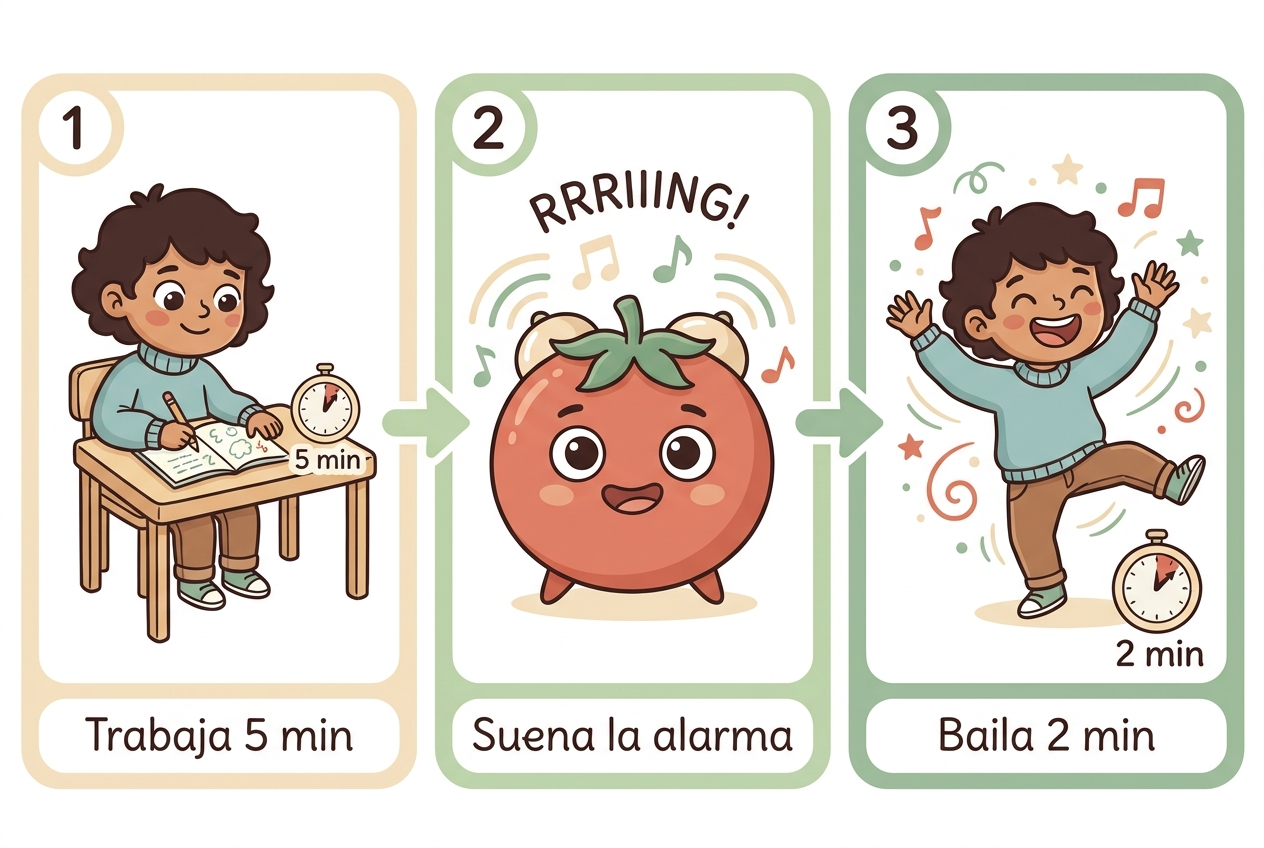 Ciclo: trabaja 5 minutos, suena la alarma, baila 2 minutos