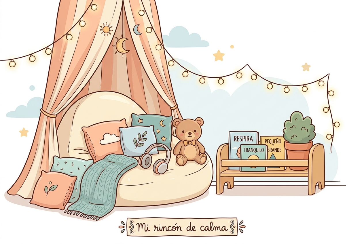 Un rincón de calma con cojines, peluche, libros y luces suaves